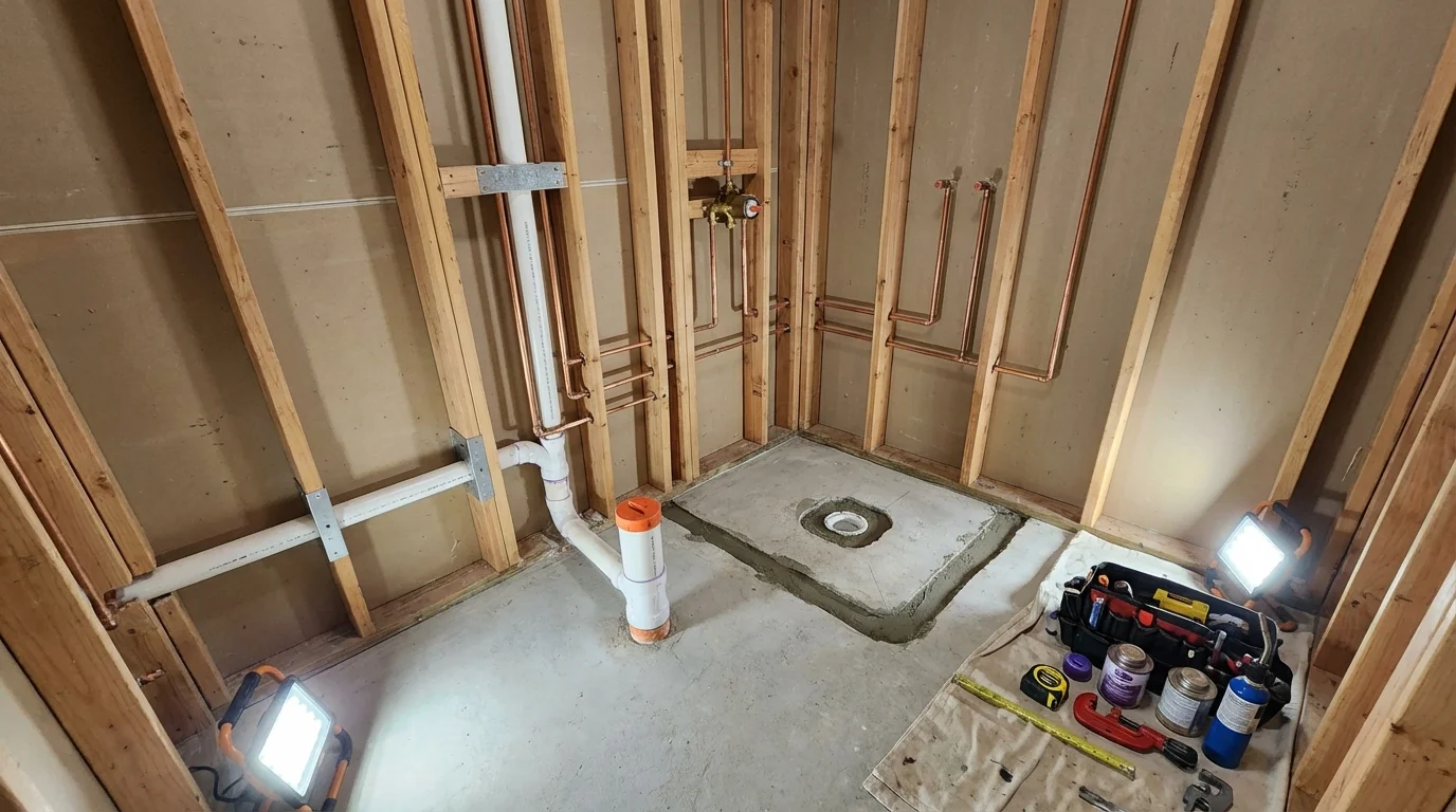 Bathroom rough-in plumbing during remodel by Johns Plumbing LLC in Franklin Lakes