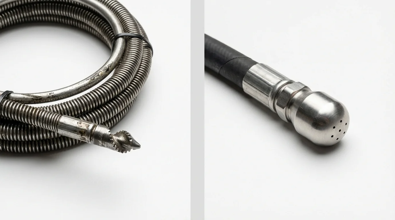 Drain snake cable and hydro jetting nozzle used for drain cleaning in Franklin Lakes, NJ