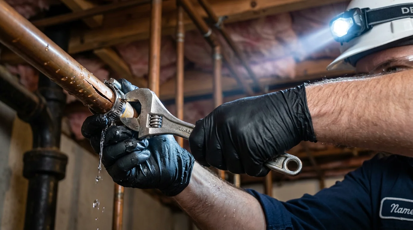 Emergency pipe clamp repair being performed by a Johns Plumbing LLC plumber in Franklin Lakes