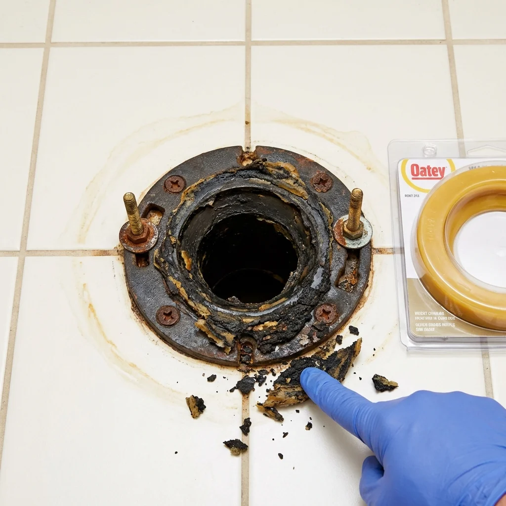 Failed wax ring showing water seepage at the base of a toilet in a Franklin Lakes, NJ home