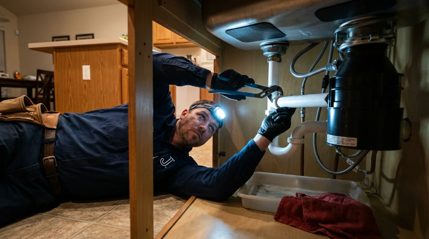 P-trap and supply line connections under a kitchen sink showing a common leak point in Franklin Lakes, NJ